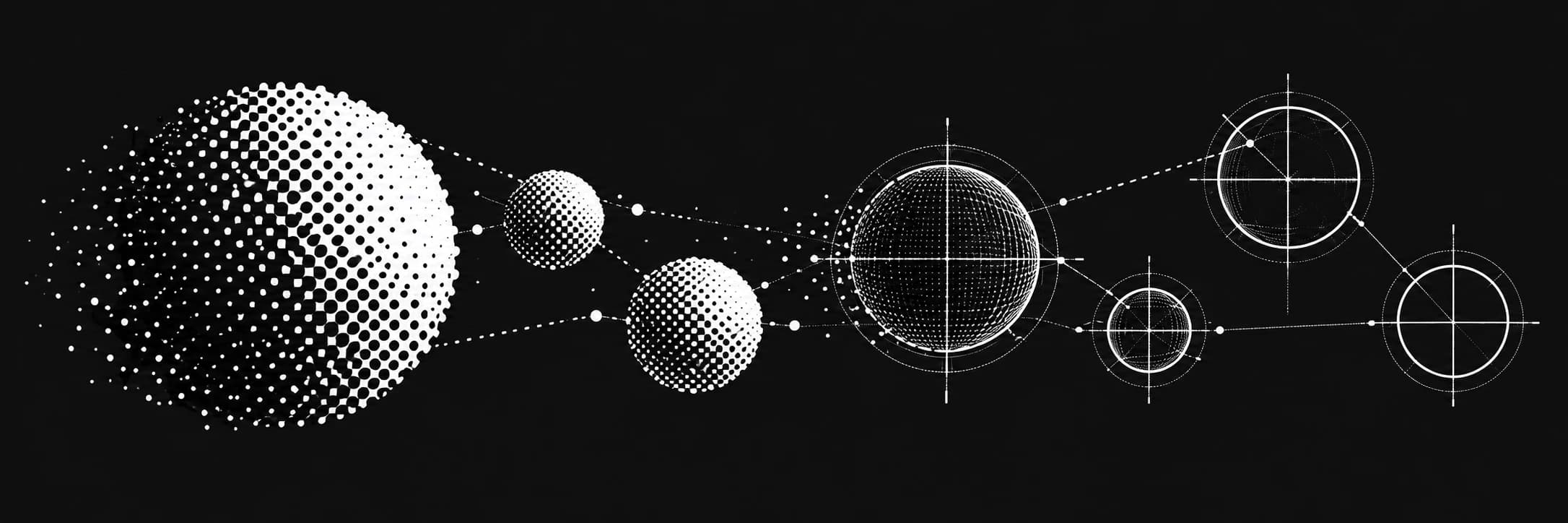 Connected halftone spheres with rotating wireframes and flowing particles