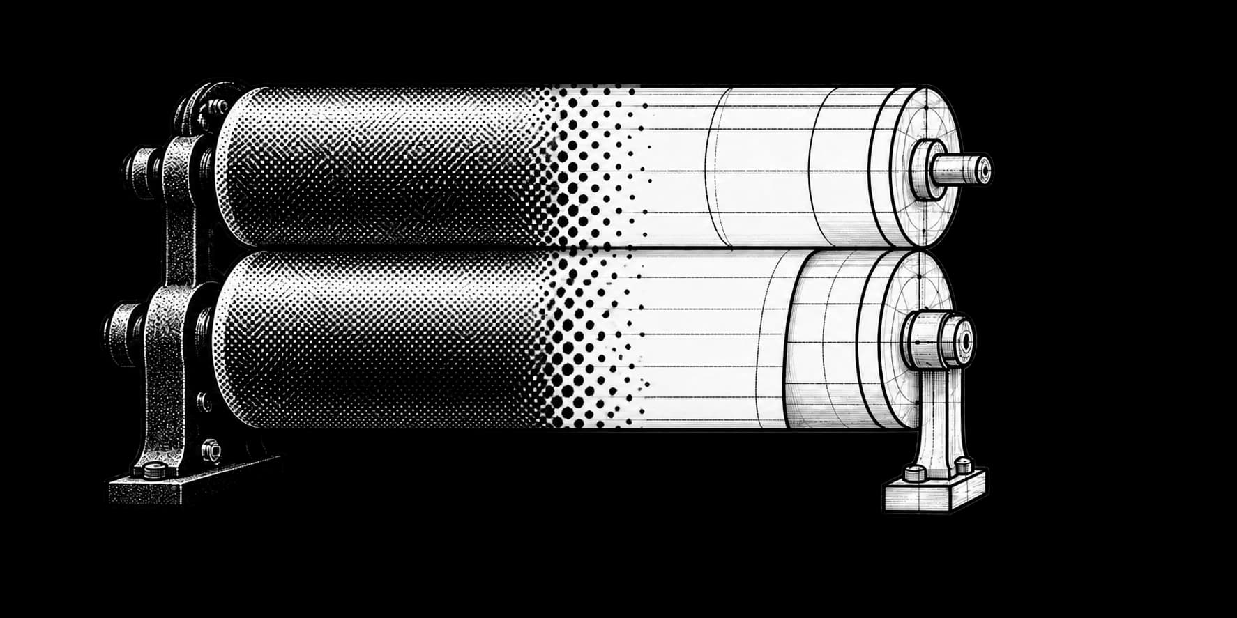 A working printing press with halftone shading and mechanical linework